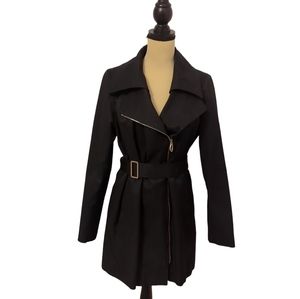 Ivanka Trump Belted Trench Coat Black Jacket Size Medium US Asymmetrical Zipper